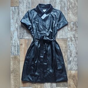 NWT J.Crew Black Faux Leather Shirt Dress Size 8 Belted Collared Chic
